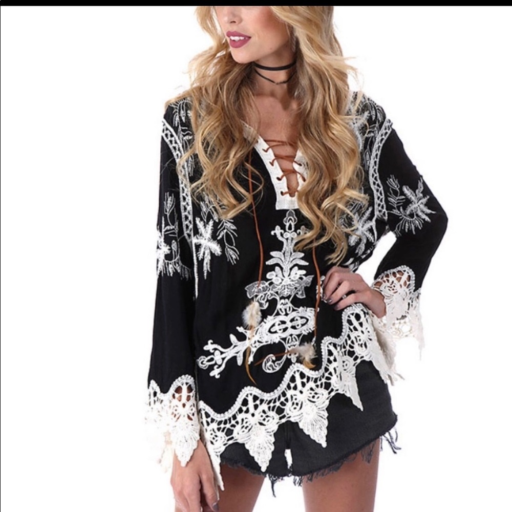Boho top with lace accents and emroidery